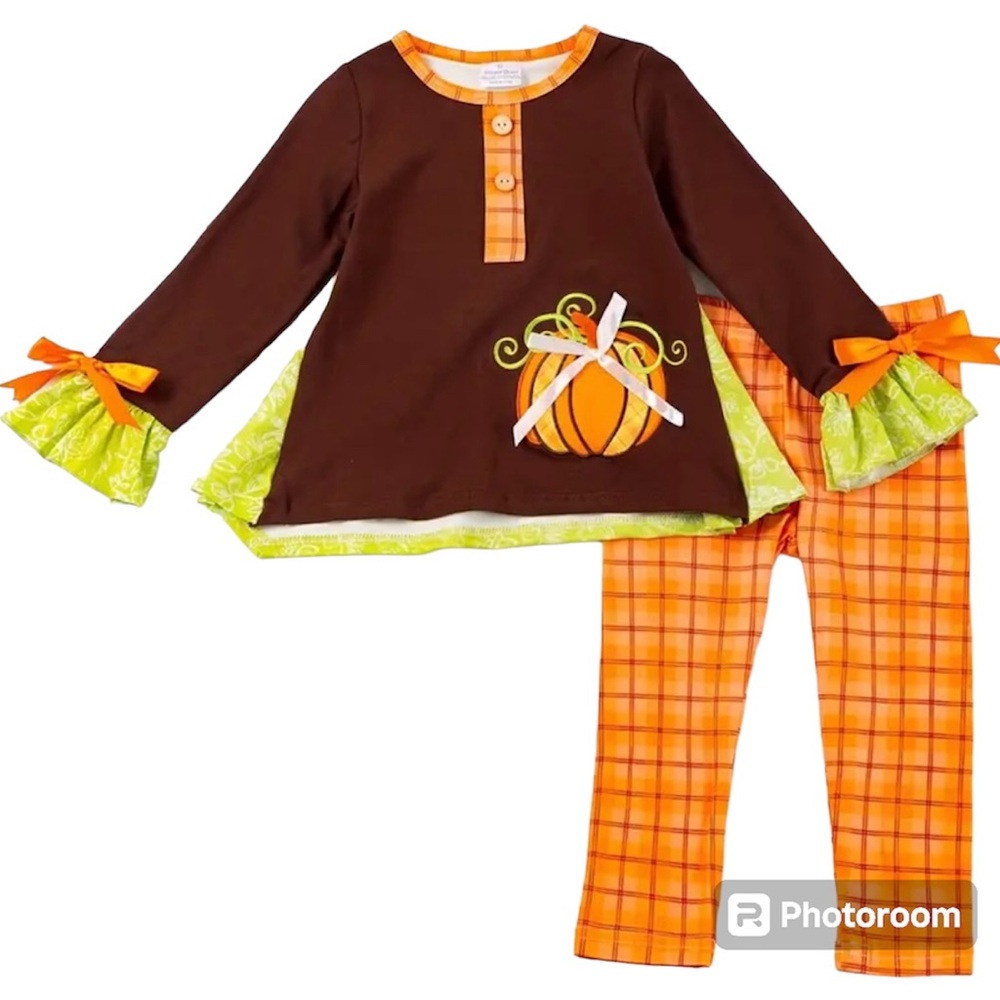 Girls 2Pc Gingham Pant Set With Pumpkin HalloweenThanksgiving Boutique size 5